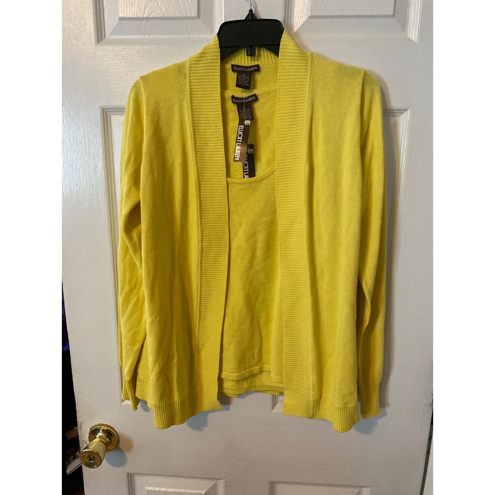 Elliott‎ Lauren Yellow Cotton Cashmere Twin Set Cardigan M and Tank Top L NWT